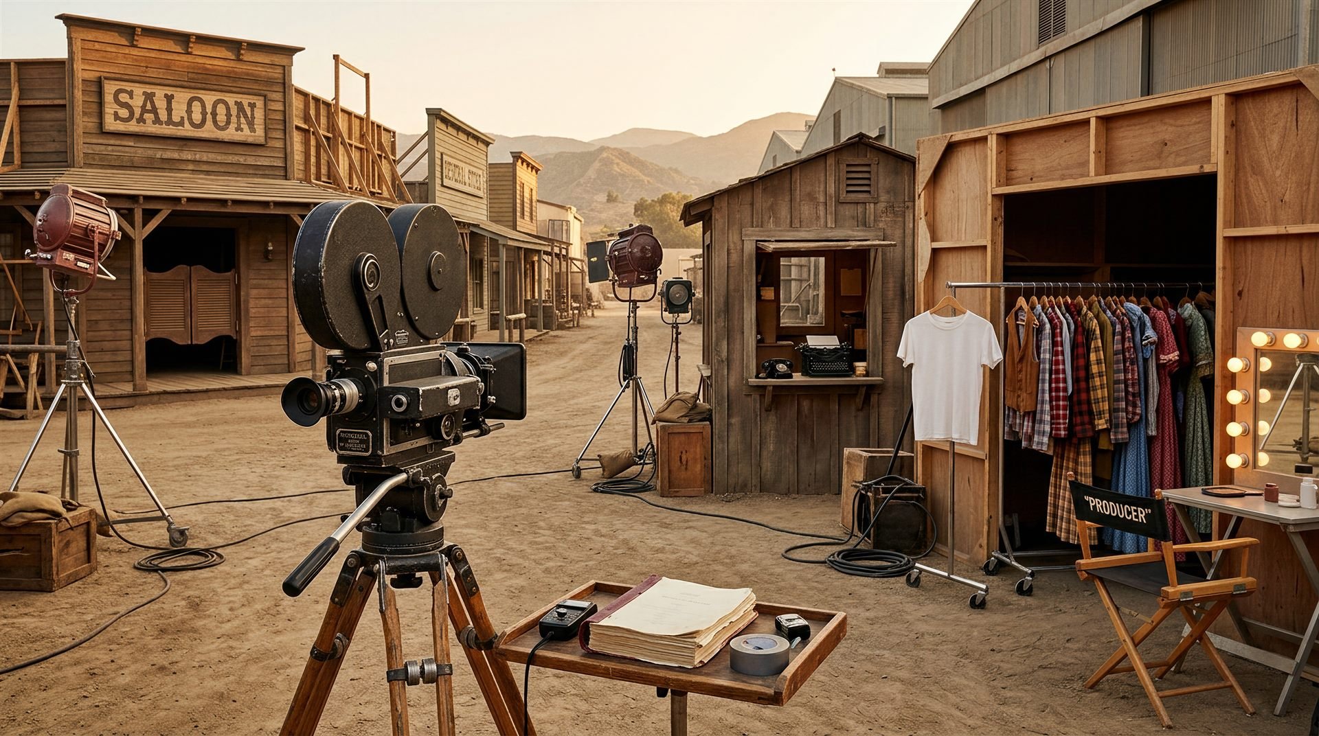 Set de rodaje de un western en un estudio de Hollywood de los años 50
